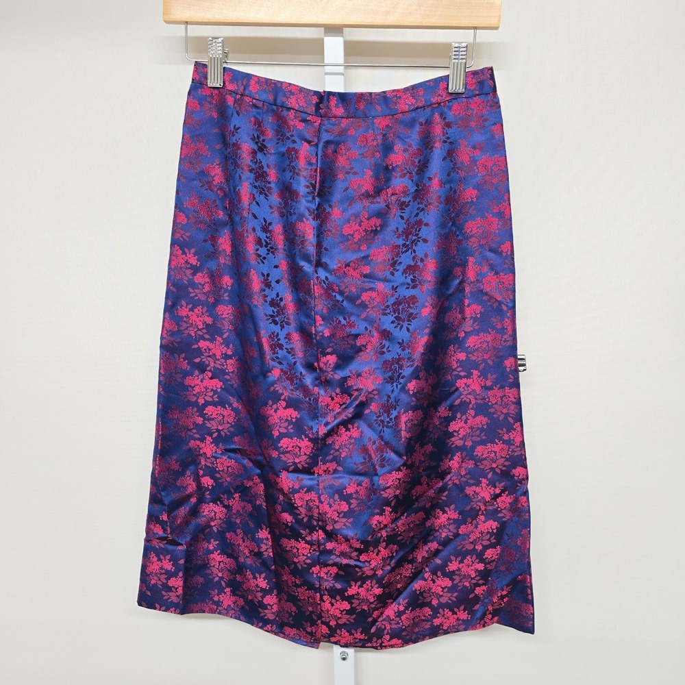 Vintage Floral Brocade Midi Skirt‎ Women's Blue Pink Satin Lined